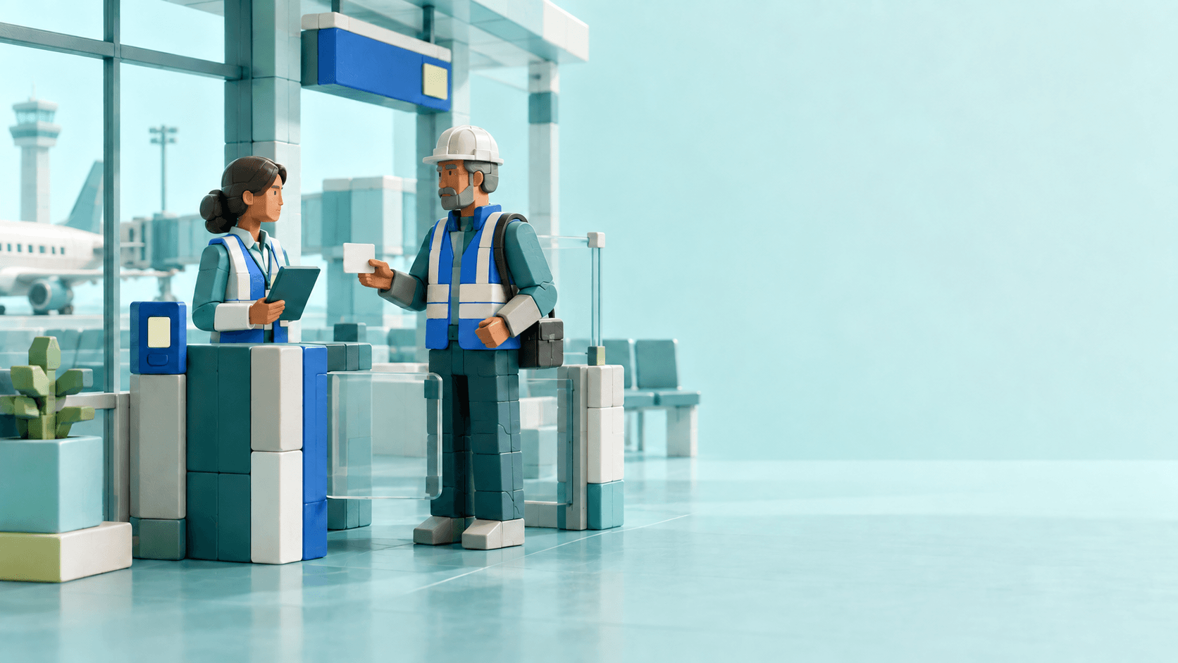Escena de piezas ensambladas: una coordinadora revisa la credencial de un contratista junto a un acceso aeroportuario.