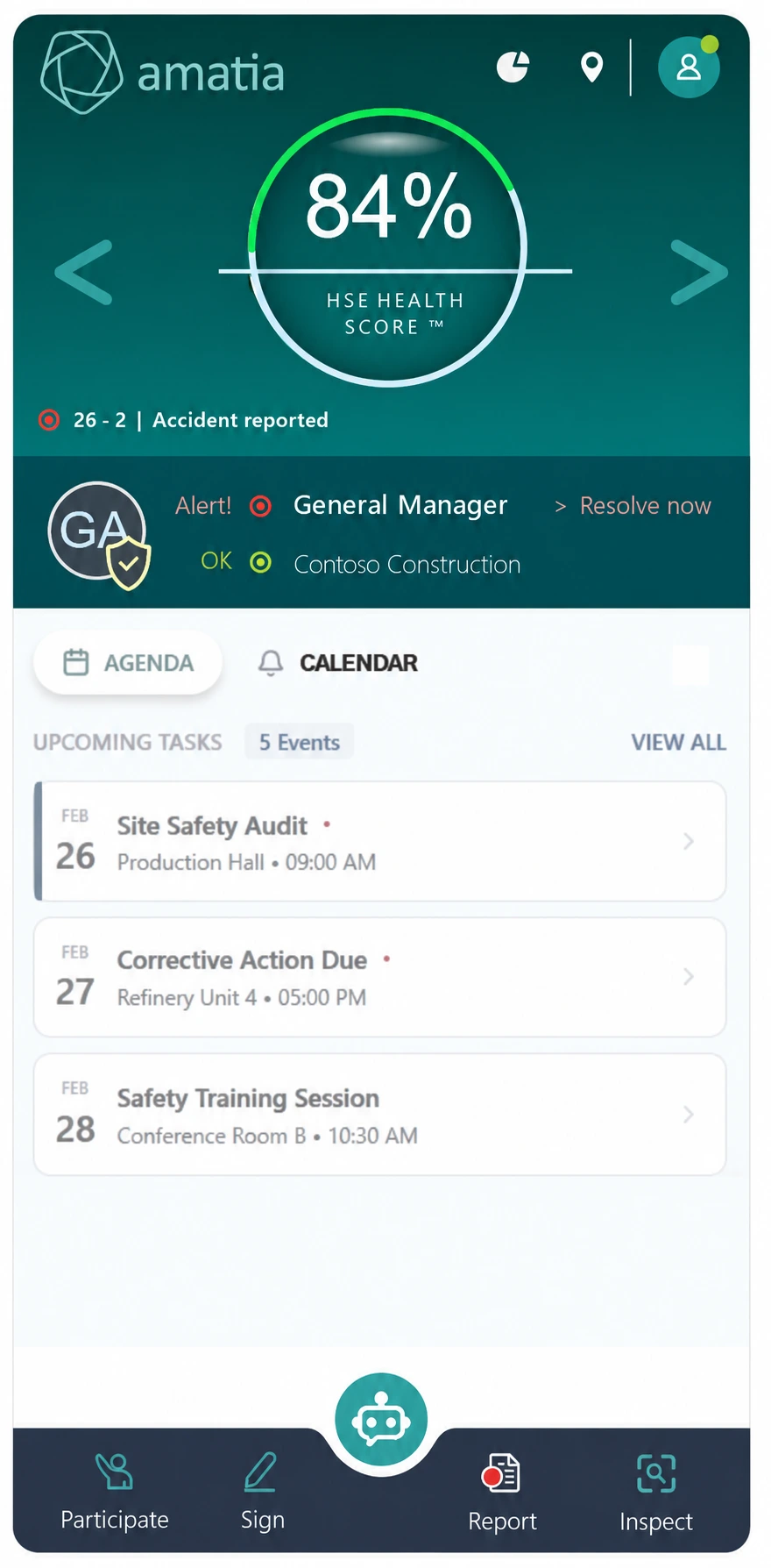 English-adapted Amatia home screen: HSE Health Score, schedule, Participate, Sign, Report and Inspect shortcuts, and a central chatbot.