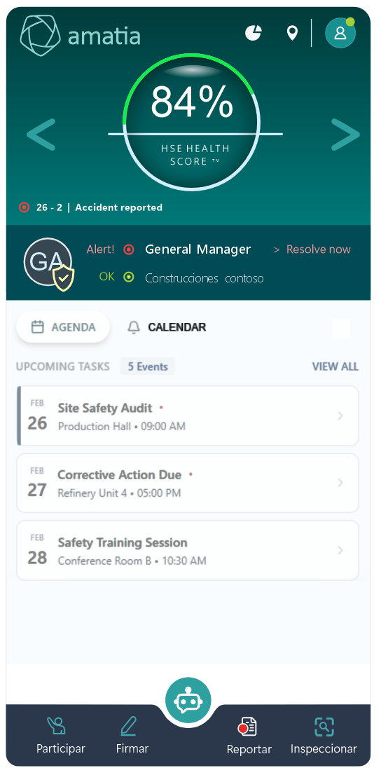 Pantalla principal de Amatia: HSE Health Score, agenda, accesos a Participar, Firmar, Reportar e Inspeccionar y chatbot central.
