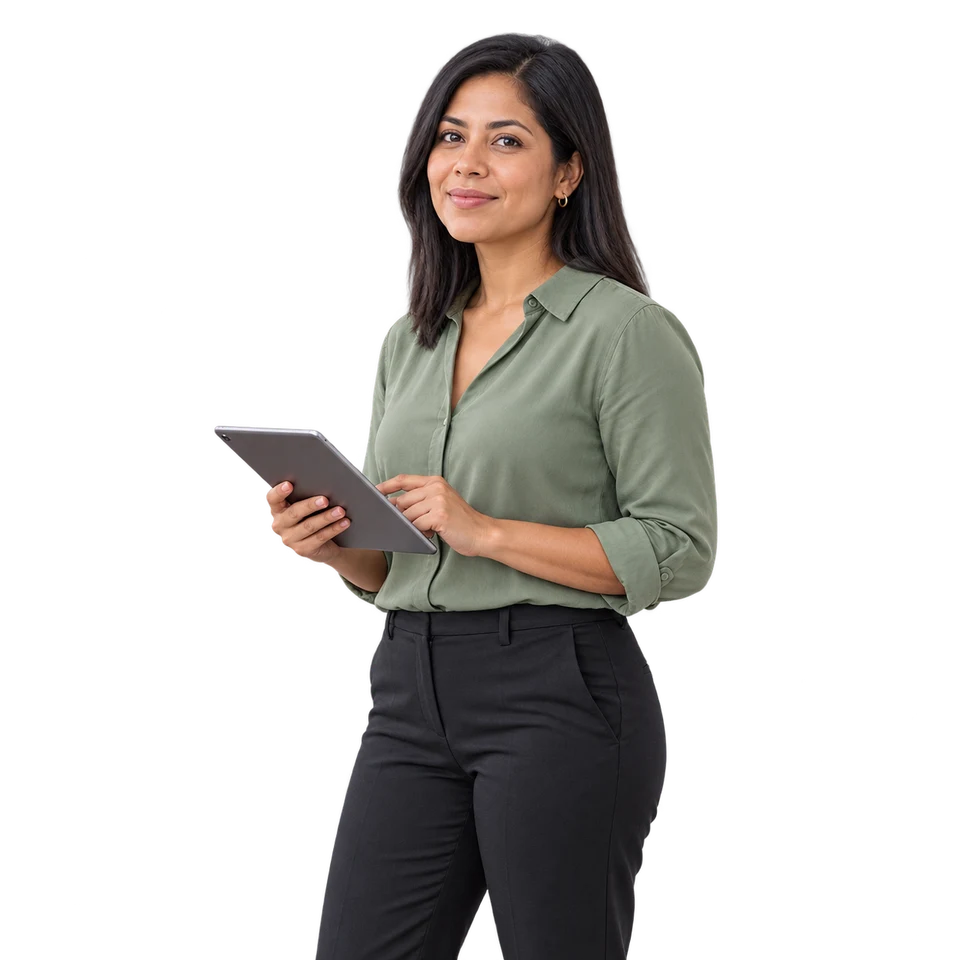 Retrato ilustrativo de una profesional con camisa verde y una tableta.