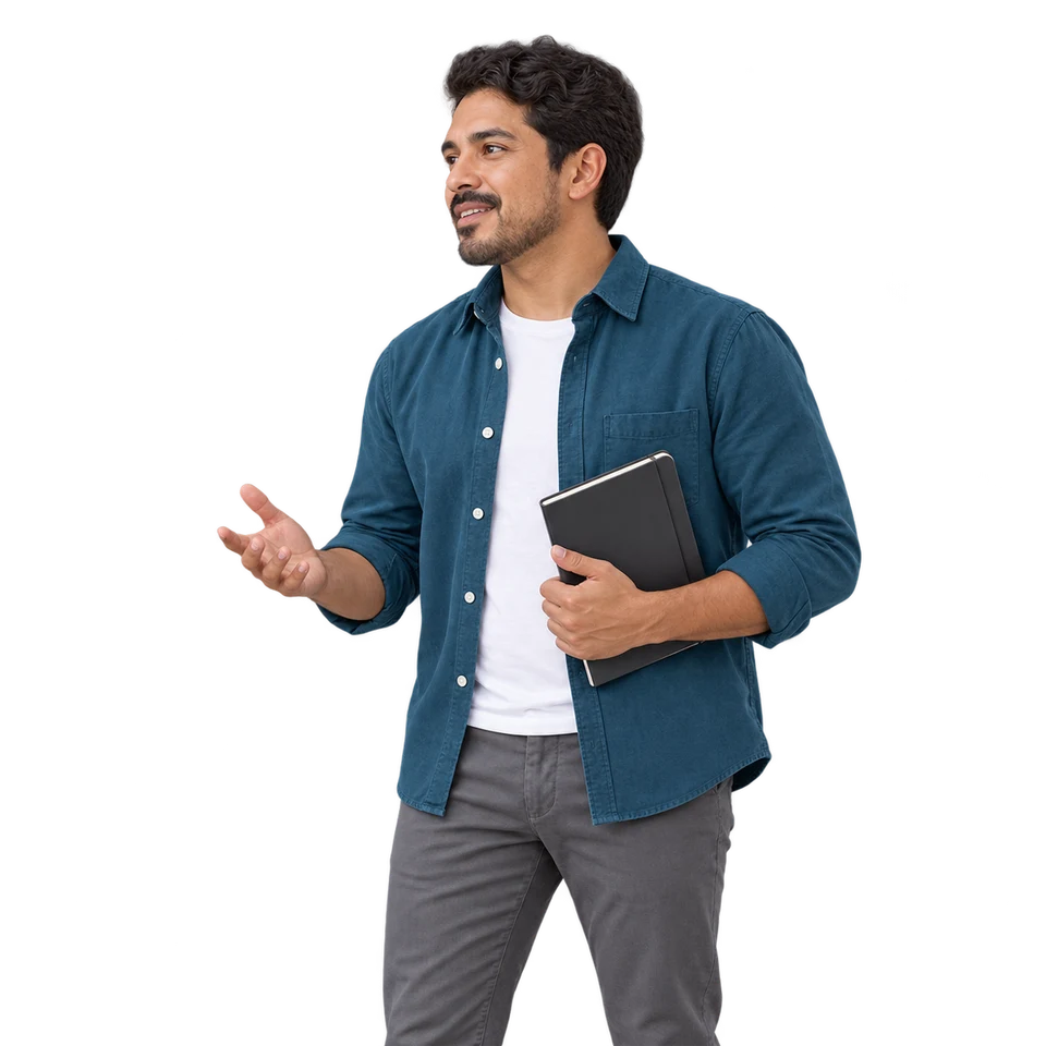 Retrato ilustrativo de un ingeniero de piel morena, con un cuaderno y gesto de conversación.