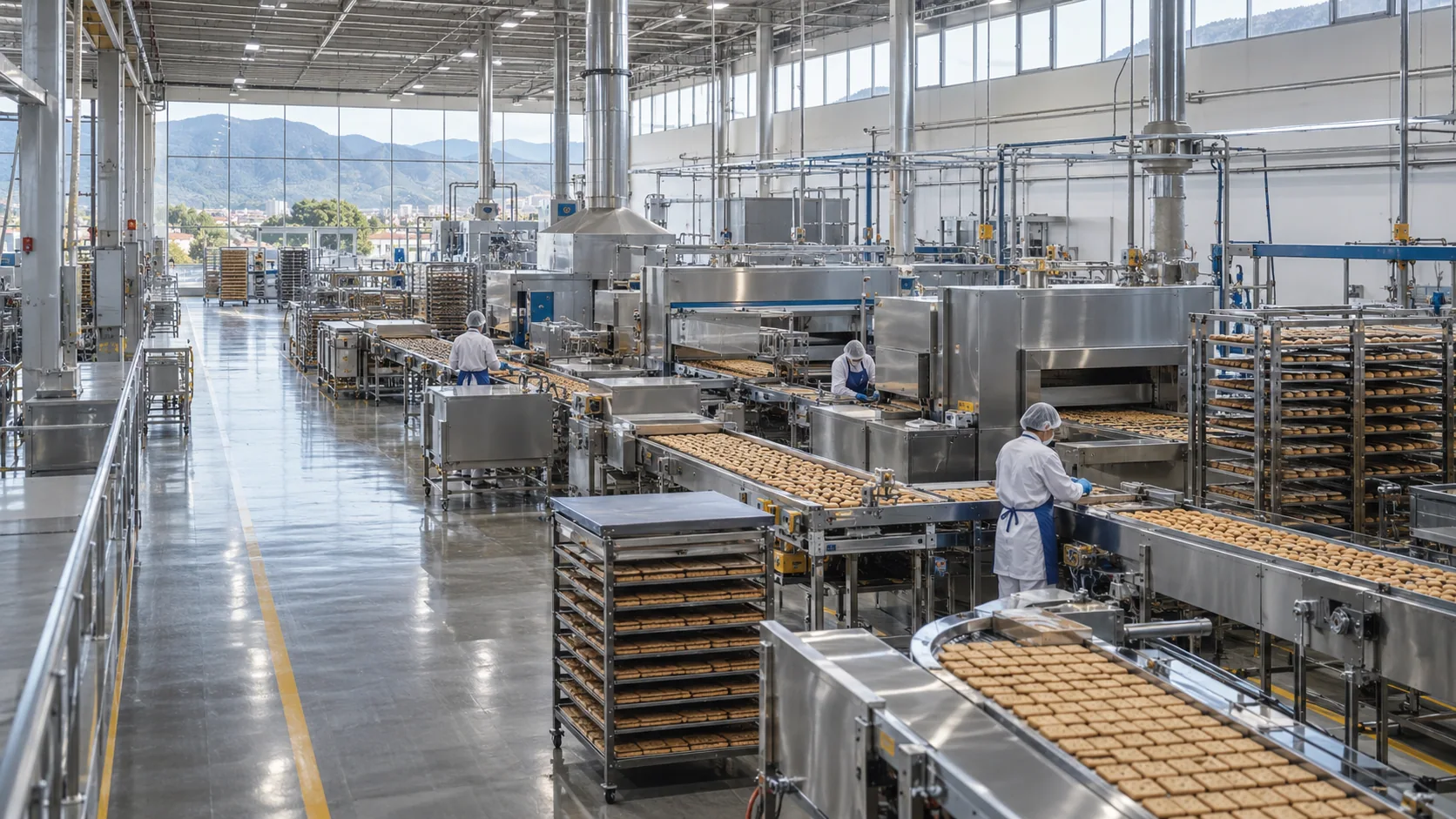 Escena ilustrativa de una planta de alimentos, con líneas de producción y personal con uniforme de higiene.
