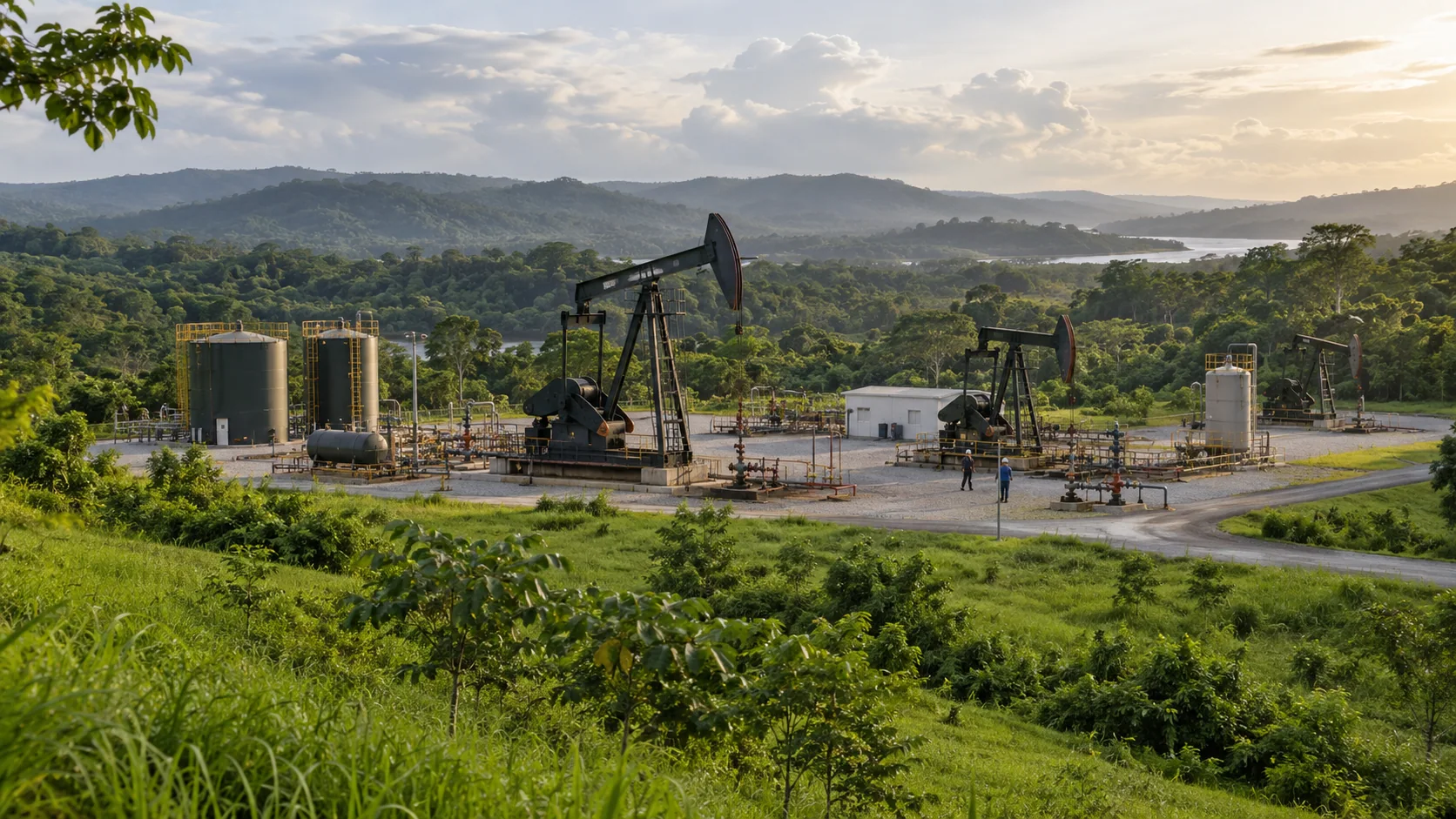 Escena ilustrativa de explotación petrolera rodeada de árboles, vegetación y un territorio verde.