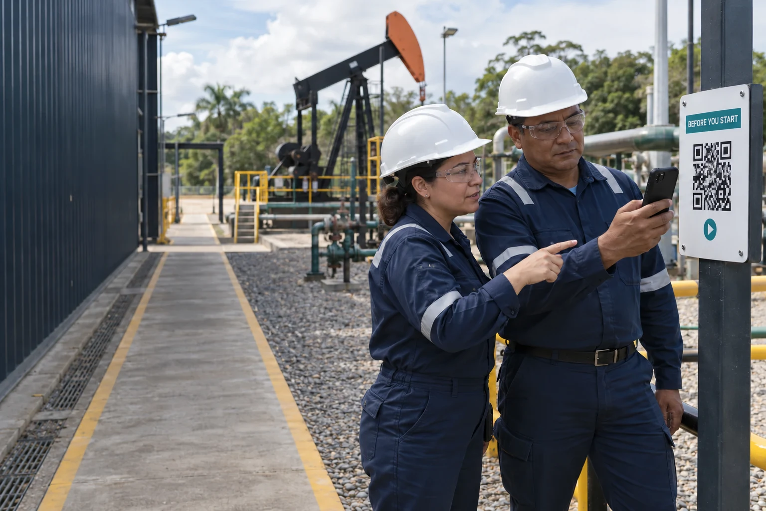Illustrative scene of an instructor guiding a worker viewing QR-accessible training at an oil operation.