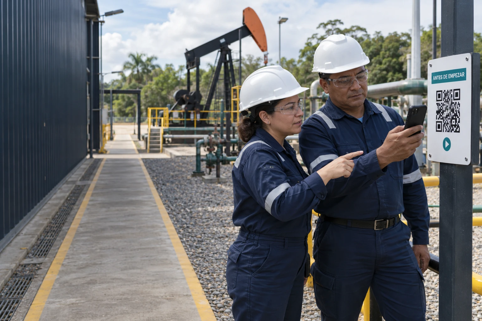 Escena ilustrativa de una instructora guiando a un trabajador que consulta una cápsula de formación por QR en una operación petrolera.