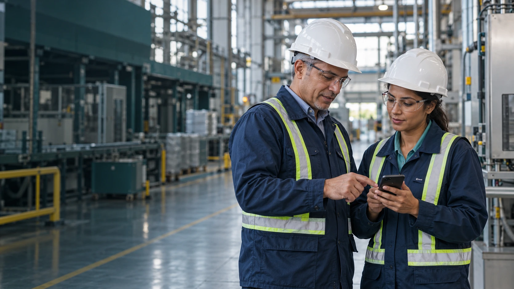 Escena ilustrativa de un trabajador y una trabajadora que revisan juntos una inspección en un teléfono dentro de una planta.