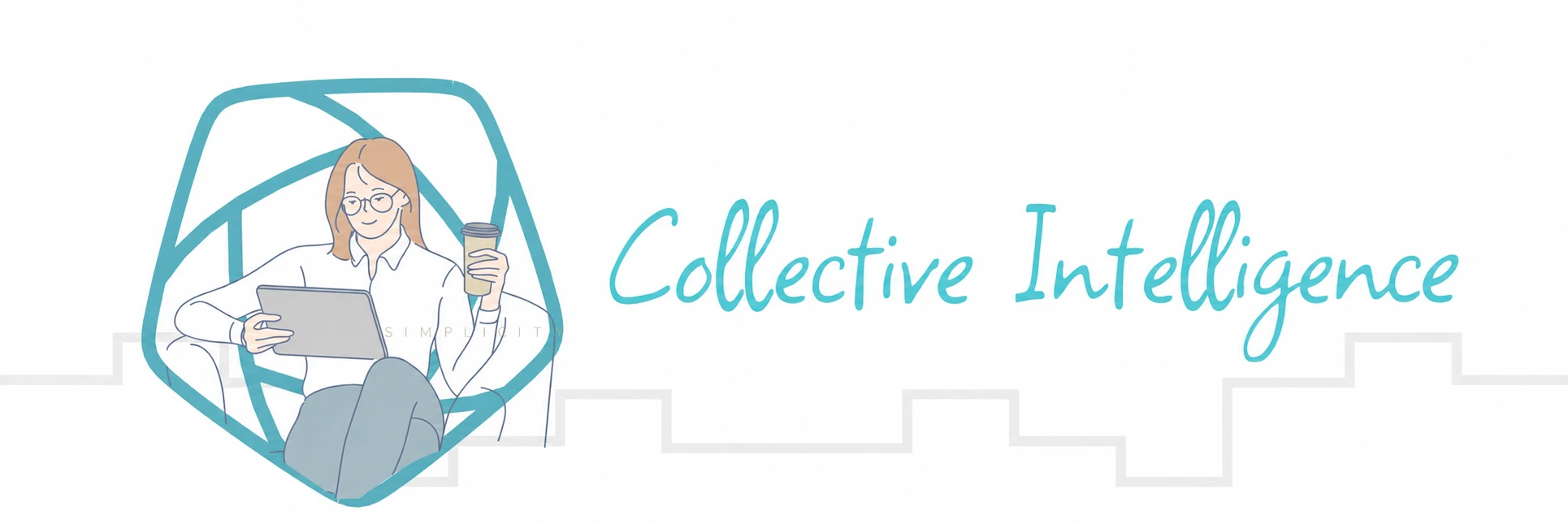 Collective Intelligence: illustration of a woman holding a tablet inside the Amatia symbol.